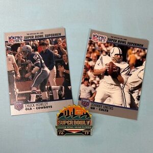 Super Bowl V Colts 16 -Cowboys 13 pin & Unitas Card #134 + Howley card#98 (MVP)
